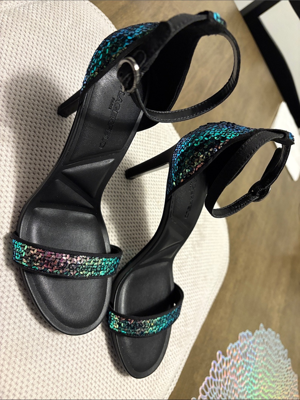 Karl Lagerfeld Black Heels with Teal-Multicolor Sequin Straps